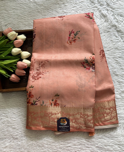 Banarasi Soft Silk Saree Peach Colored Complemented with a Zari Border. - Sampradaya Designer Studio