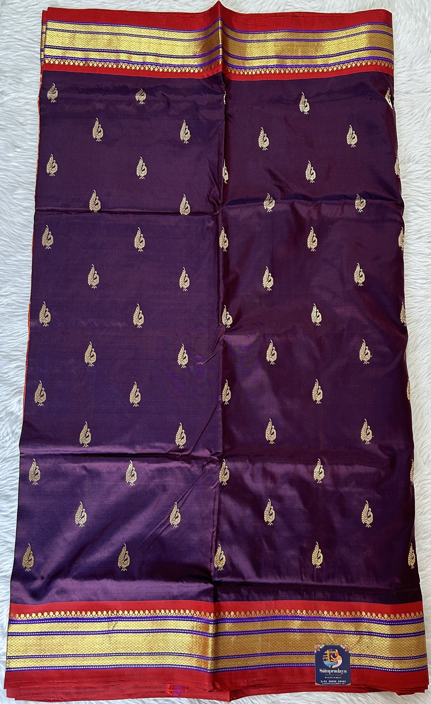 Paithani Silk Saree Grape Colored Saree Complemented With a Dark Red Colored Irkal Border - Sampradaya Designer Studio