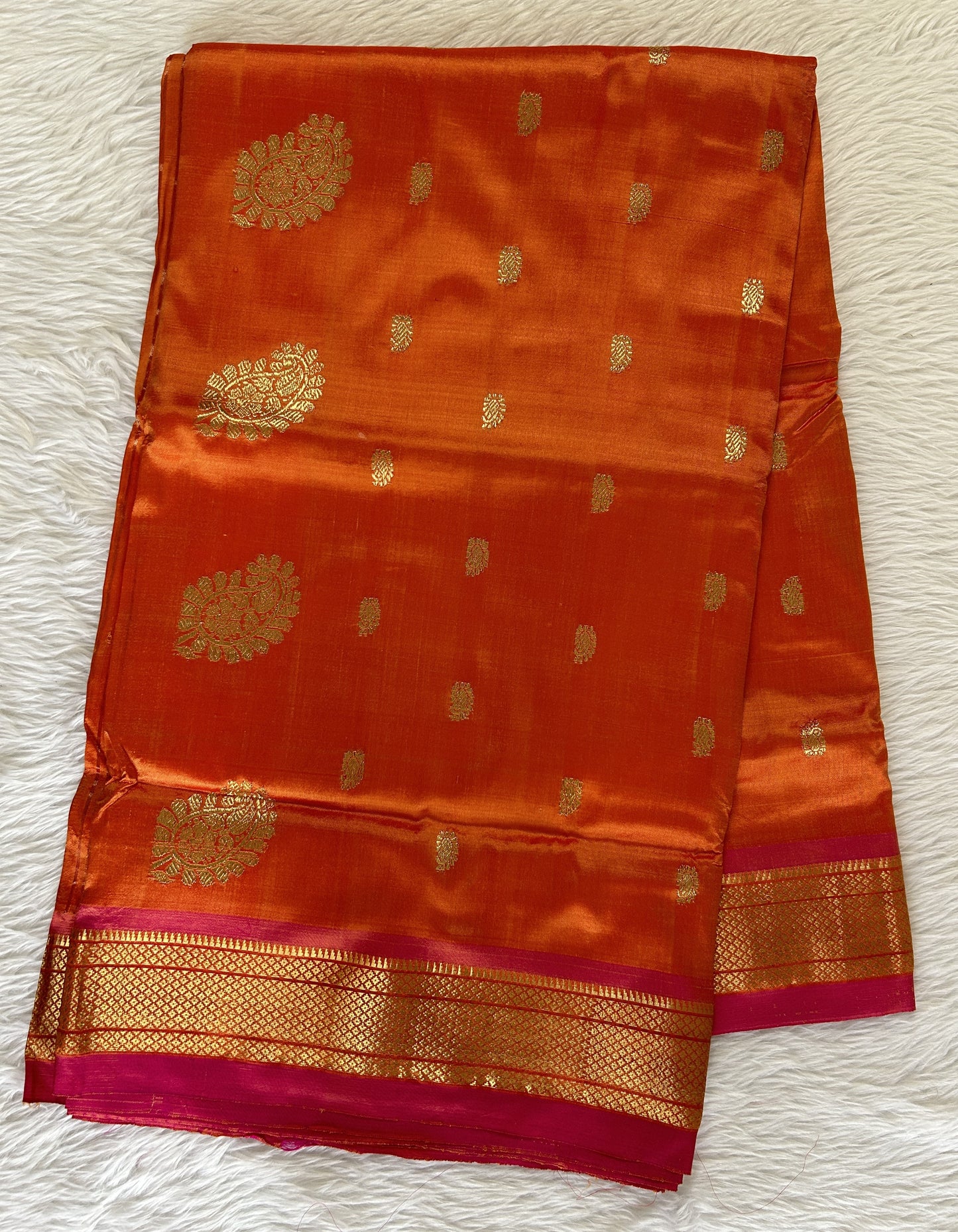 Paithani Silk Saree Orange Colored Complemented With a Pink Colored Irkal Border - Sampradaya Designer Studio