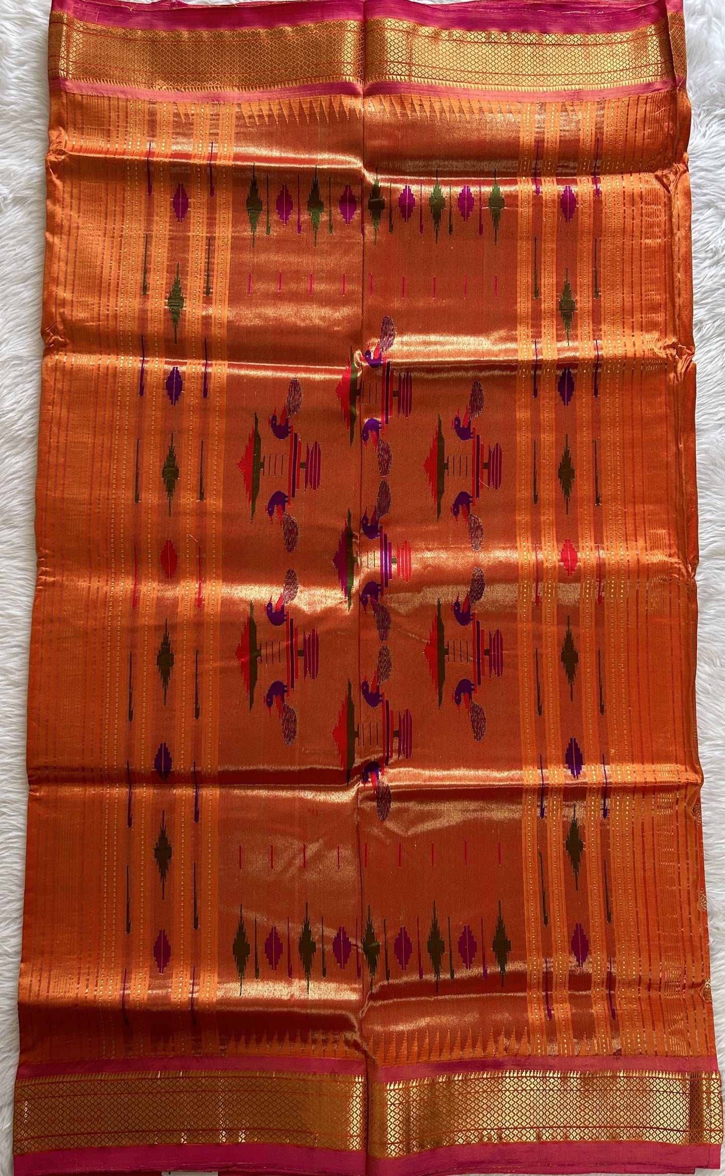 Paithani Silk Saree Orange Colored Complemented With a Pink Colored Irkal Border - Sampradaya Designer Studio