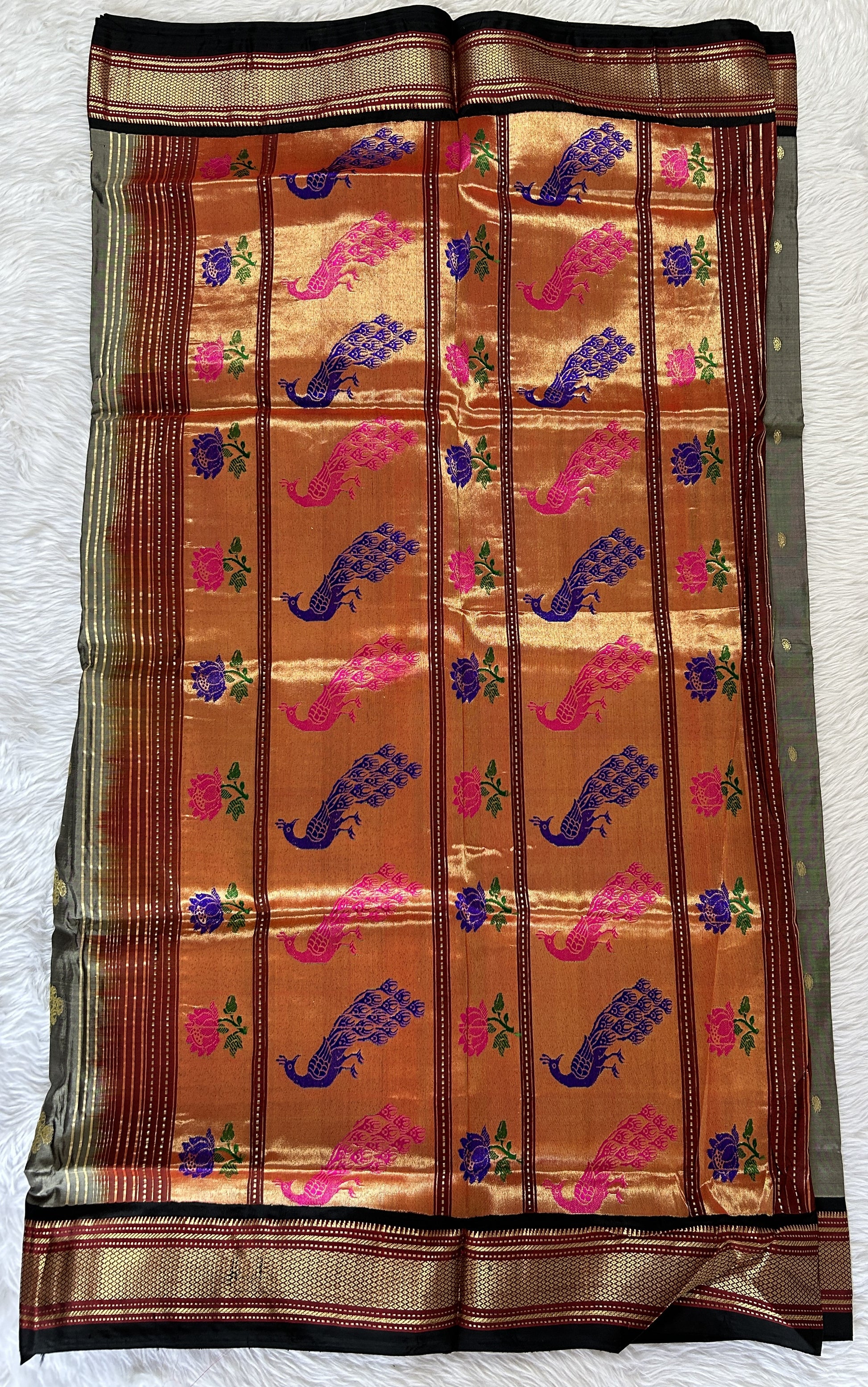 Paithani Silk Saree Gray Colored Complemented With a Black Colored Irkal Border - Sampradaya Designer Studio