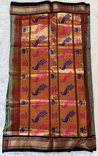 Paithani Silk Saree Gray Colored Complemented With a Black Colored Irkal Border - Sampradaya Designer Studio