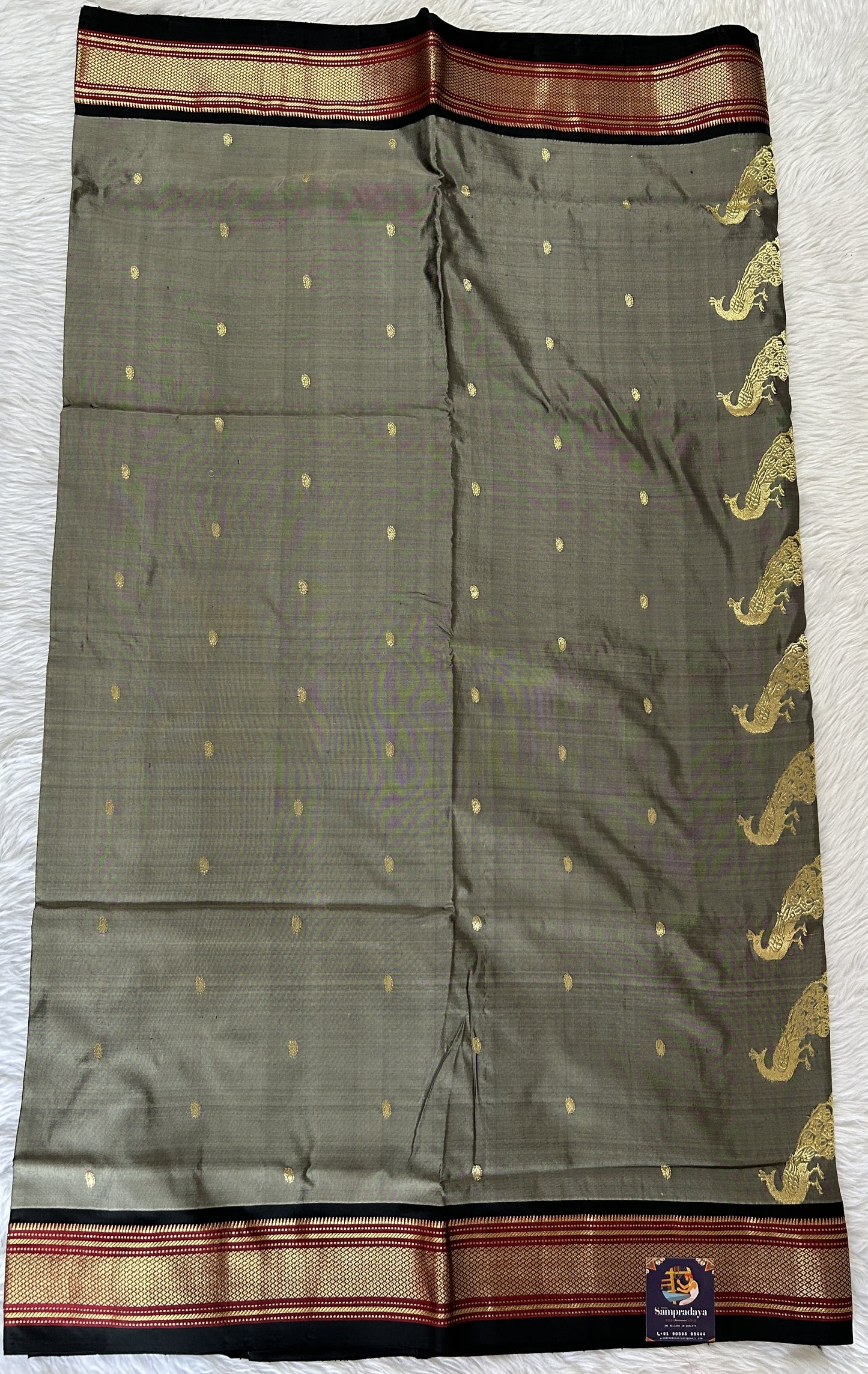 Paithani Silk Saree Gray Colored Complemented With a Black Colored Irkal Border - Sampradaya Designer Studio