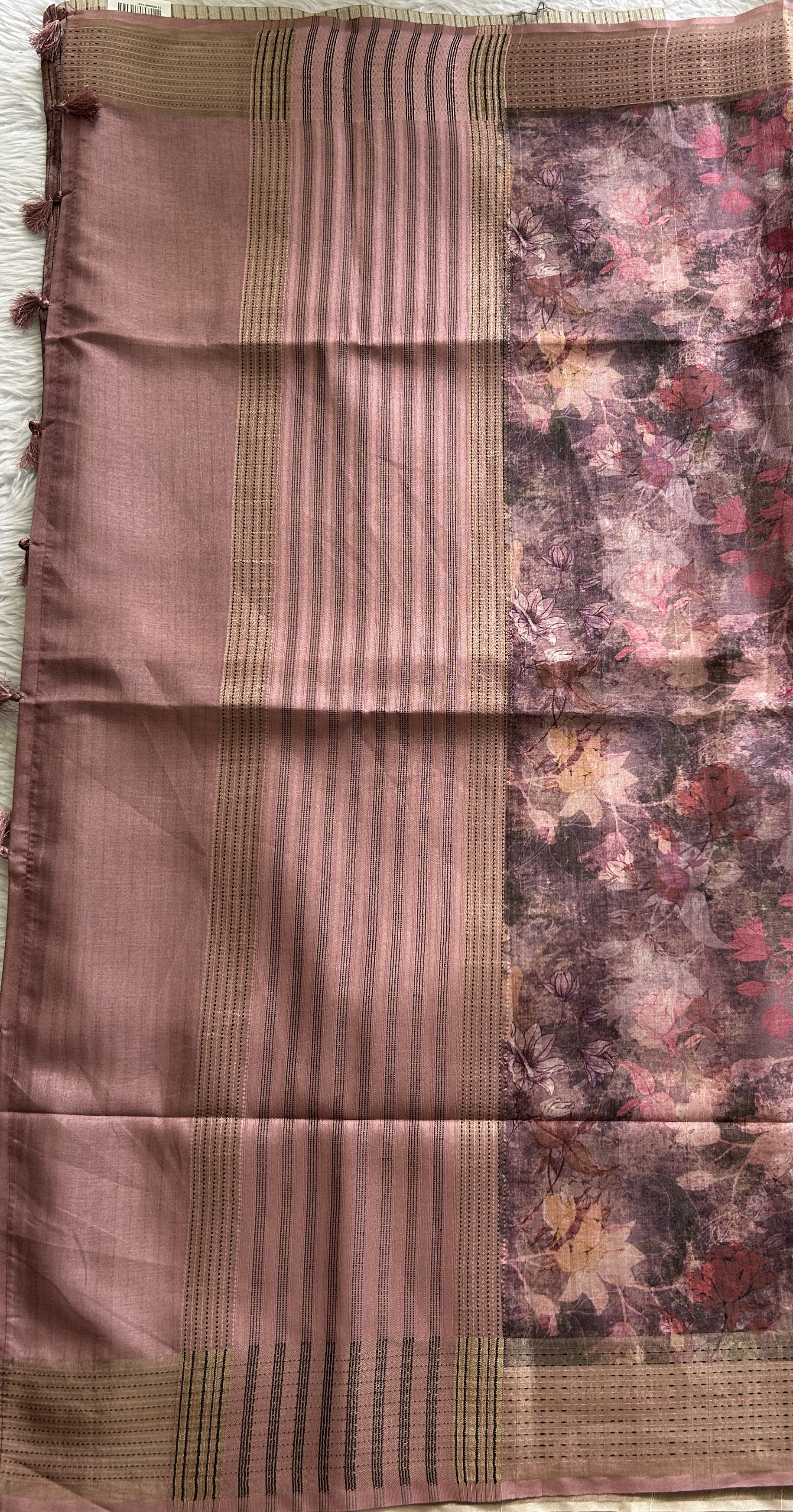 Semi Tussar Saree Light Onion Pink Colored complemented with a Running Stich Border. - Sampradaya Designer Studio