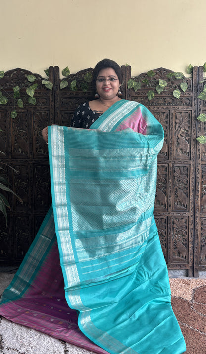 Gadwal Silk Saree Pink Colored Complemented With a Sea Green Zari Border