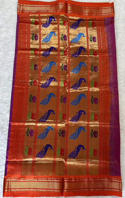 Paithani Silk Saree Purple Colored Complemented With a Orange Colored Irkal Border - Sampradaya Designer Studio