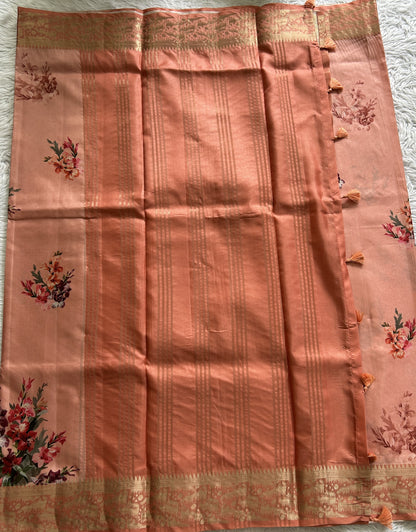 Banarasi Soft Silk Saree Peach Colored Complemented with a Zari Border. - Sampradaya Designer Studio