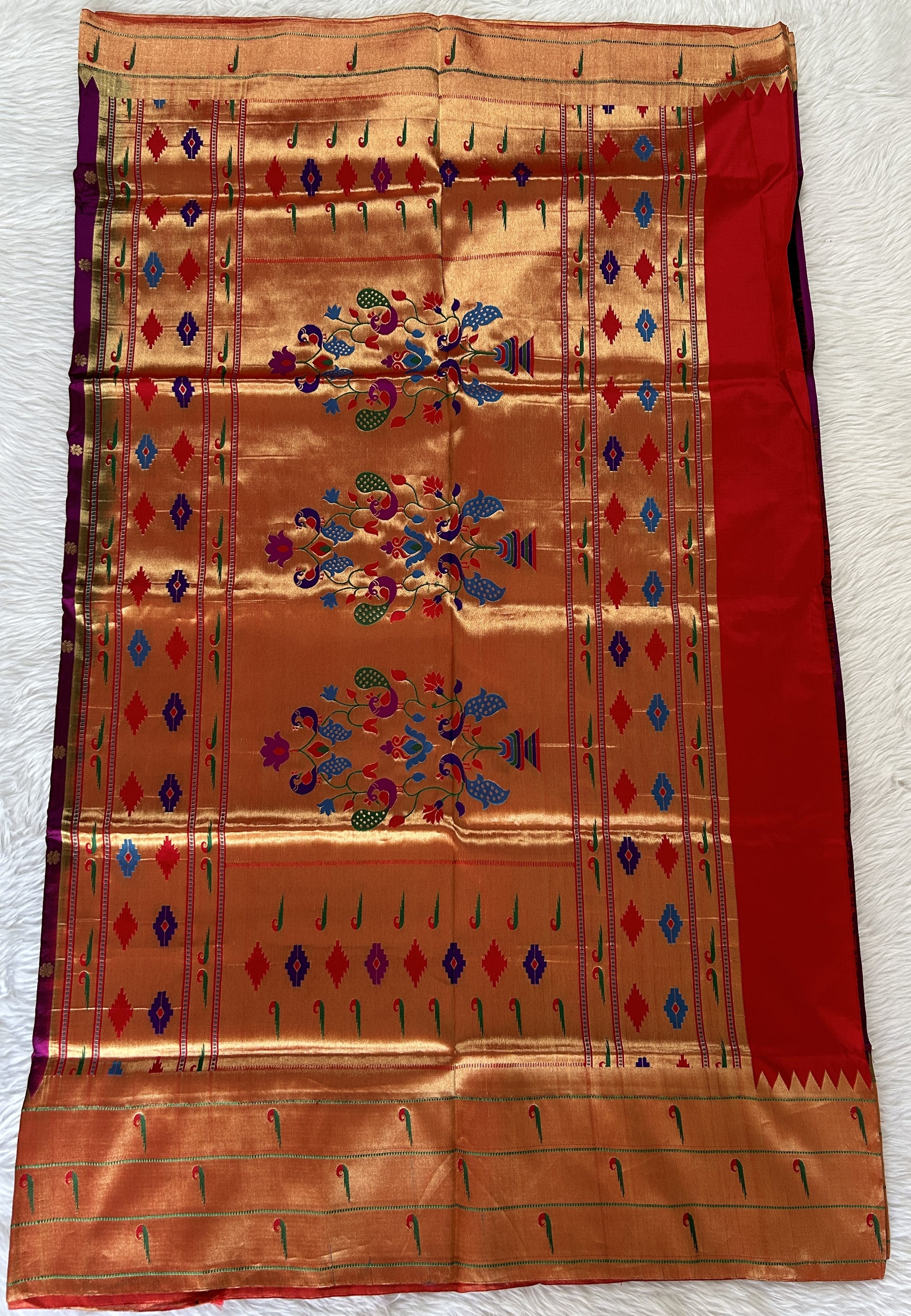 Paithani Silk Saree Magenta Colored Complemented With a Dark Orange Colored Muniya Border - Sampradaya Designer Studio