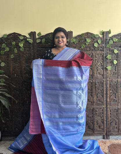 Gadwal Silk Saree Maroon Colored Complemented With a Gray Zari Border