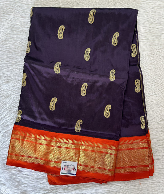 Paithani Silk Saree Dark Blue Colored Complemented With a Orange Colored Irkal Border - Sampradaya Designer Studio