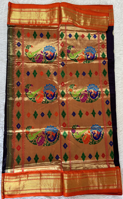 Paithani Silk Saree Dark Blue Colored Complemented With a Orange Colored Irkal Border - Sampradaya Designer Studio