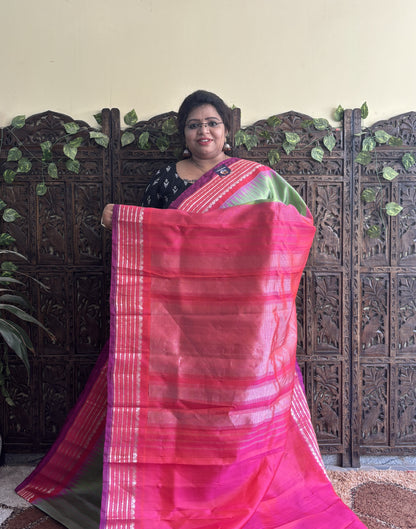 Gadwal Silk Saree Light Green Colored Complemented With a Pink Zari Border