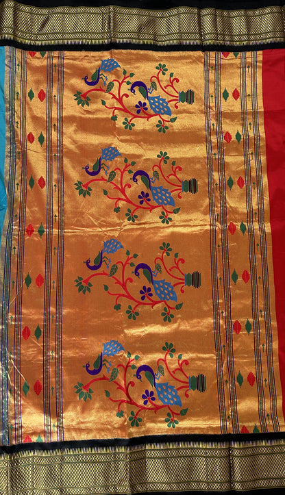 Paithani Silk Saree Sky Blue Colored Complemented With a Black Colored Irkal Border - Sampradaya Designer Studio