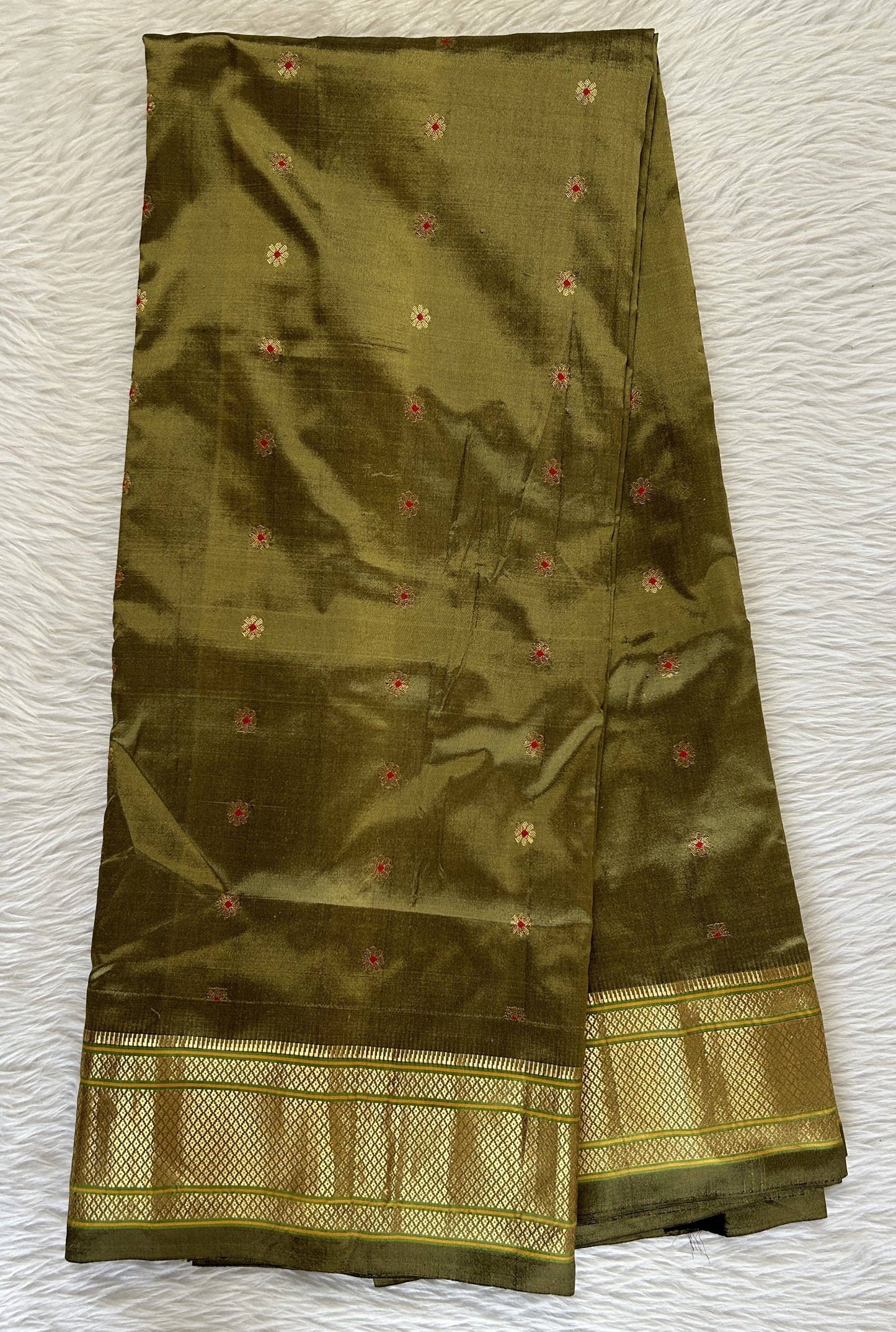 Paithani Silk Saree Mustard Green Colored Complemented With a Irkal Border - Sampradaya Designer Studio