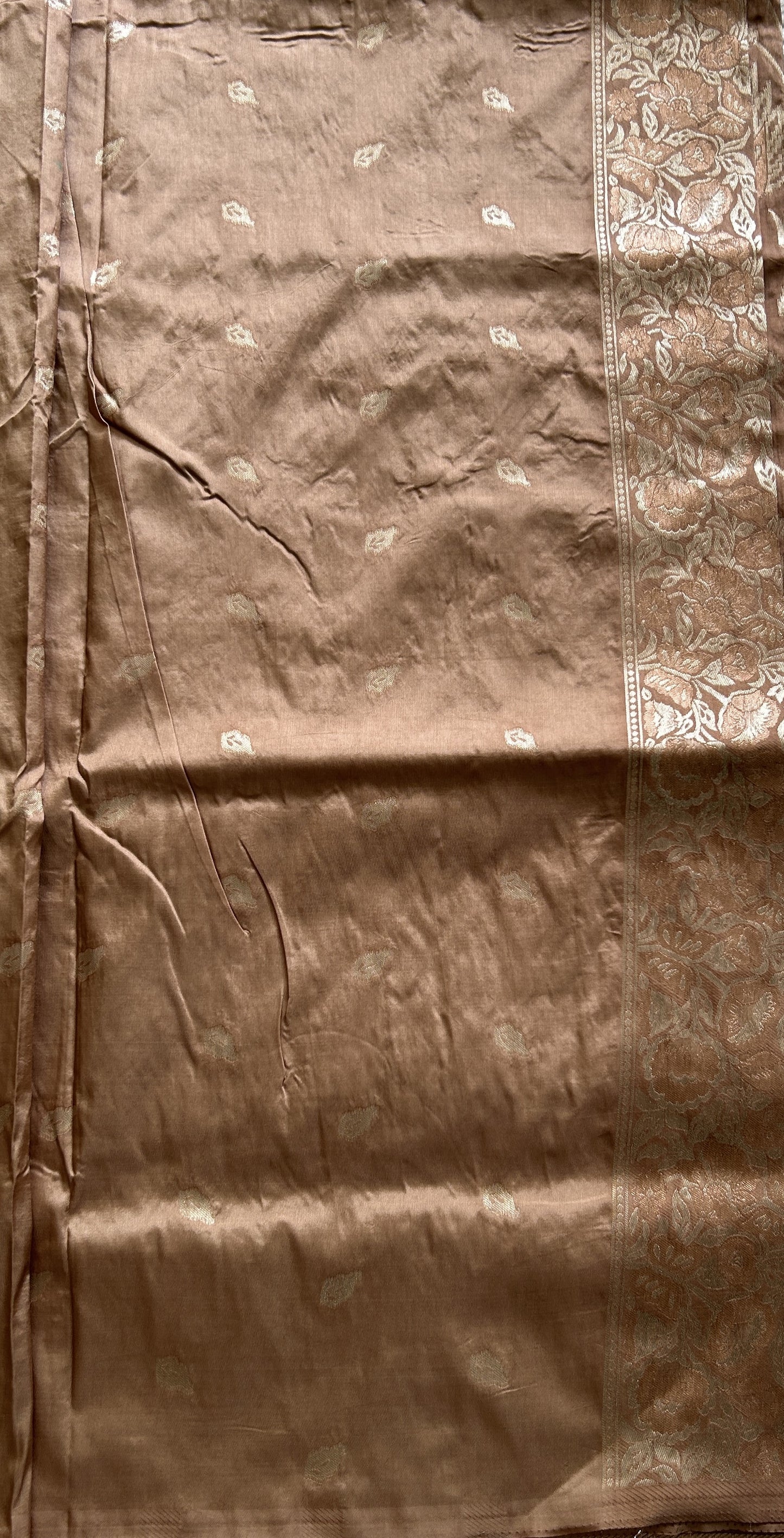 Semi Tussar Saree Chocolate Colored Complemented with a Zari Border. - Sampradaya Designer Studio