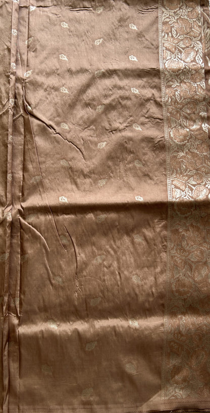 Semi Tussar Saree Chocolate Colored Complemented with a Zari Border. - Sampradaya Designer Studio