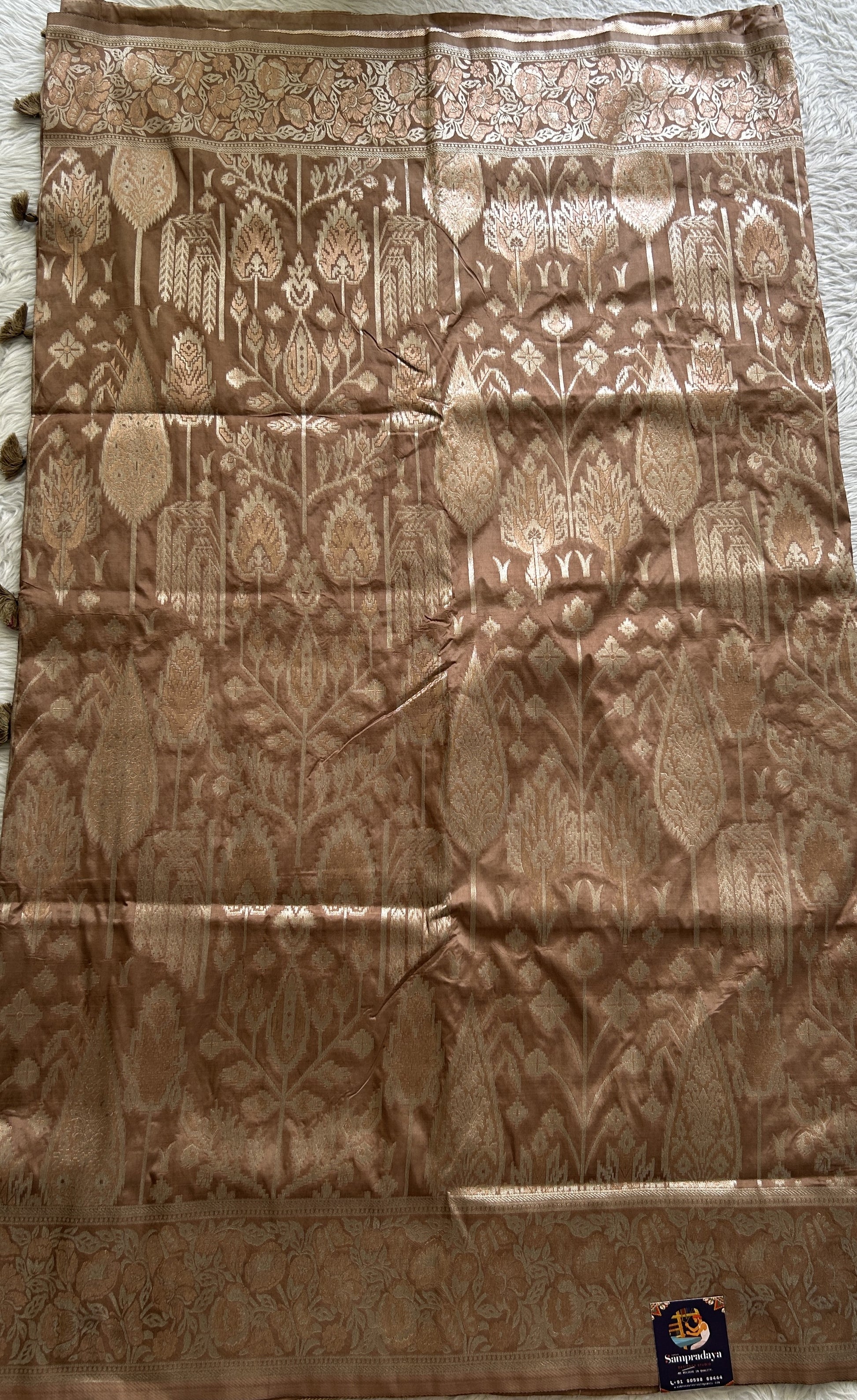 Semi Tussar Saree Chocolate Colored Complemented with a Zari Border. - Sampradaya Designer Studio