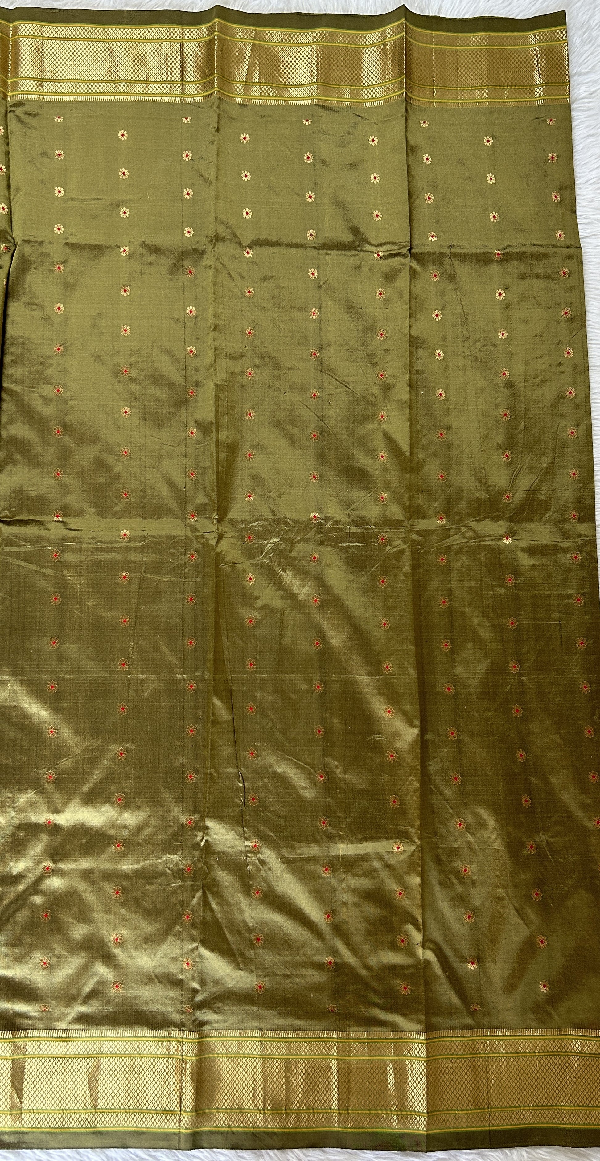 Paithani Silk Saree Mustard Green Colored Complemented With a Irkal Border - Sampradaya Designer Studio