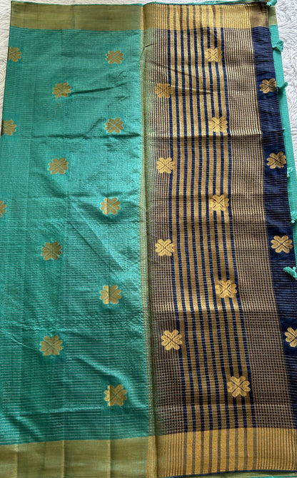 Semi Tussar Saree Sea Blue Colored Complemented with a Zari Border. - Sampradaya Designer Studio