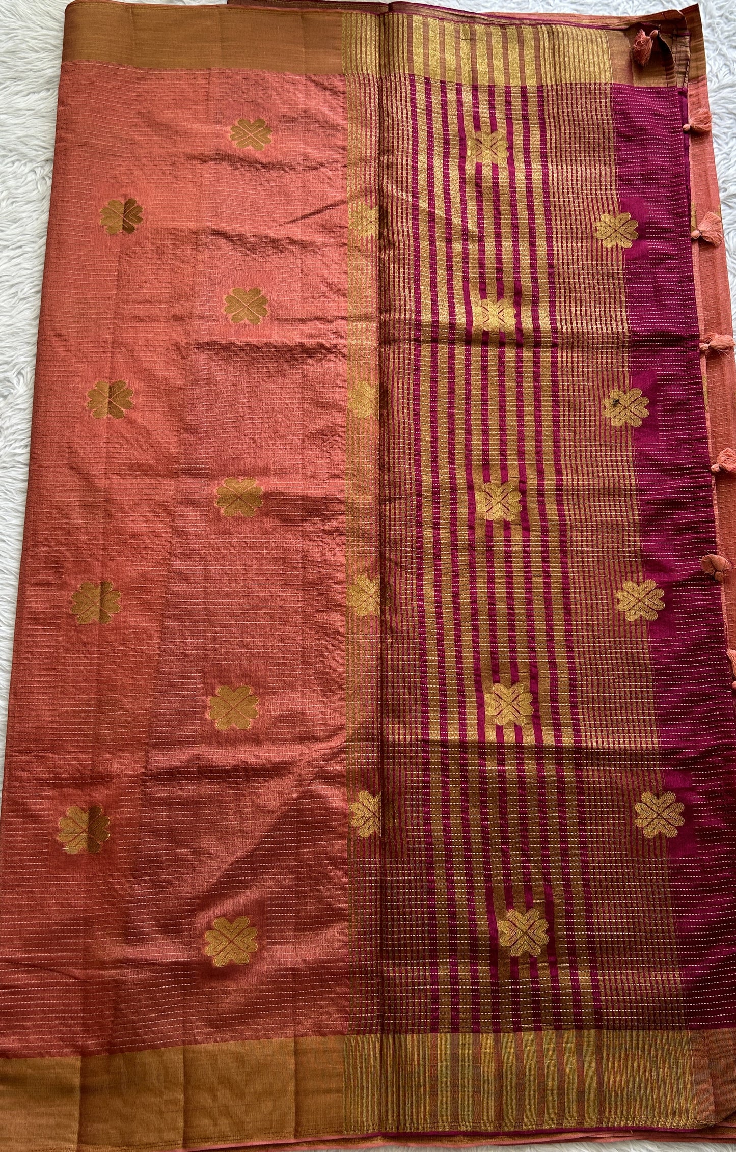 Semi Tussar Saree Peach Colored Complemented with a Zari Border. - Sampradaya Designer Studio