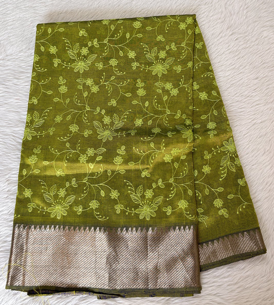 Mangalagiri Chikankari Saree Green colored Saree complemented with a Mangalagiri Border. - Sampradaya Designer Studio