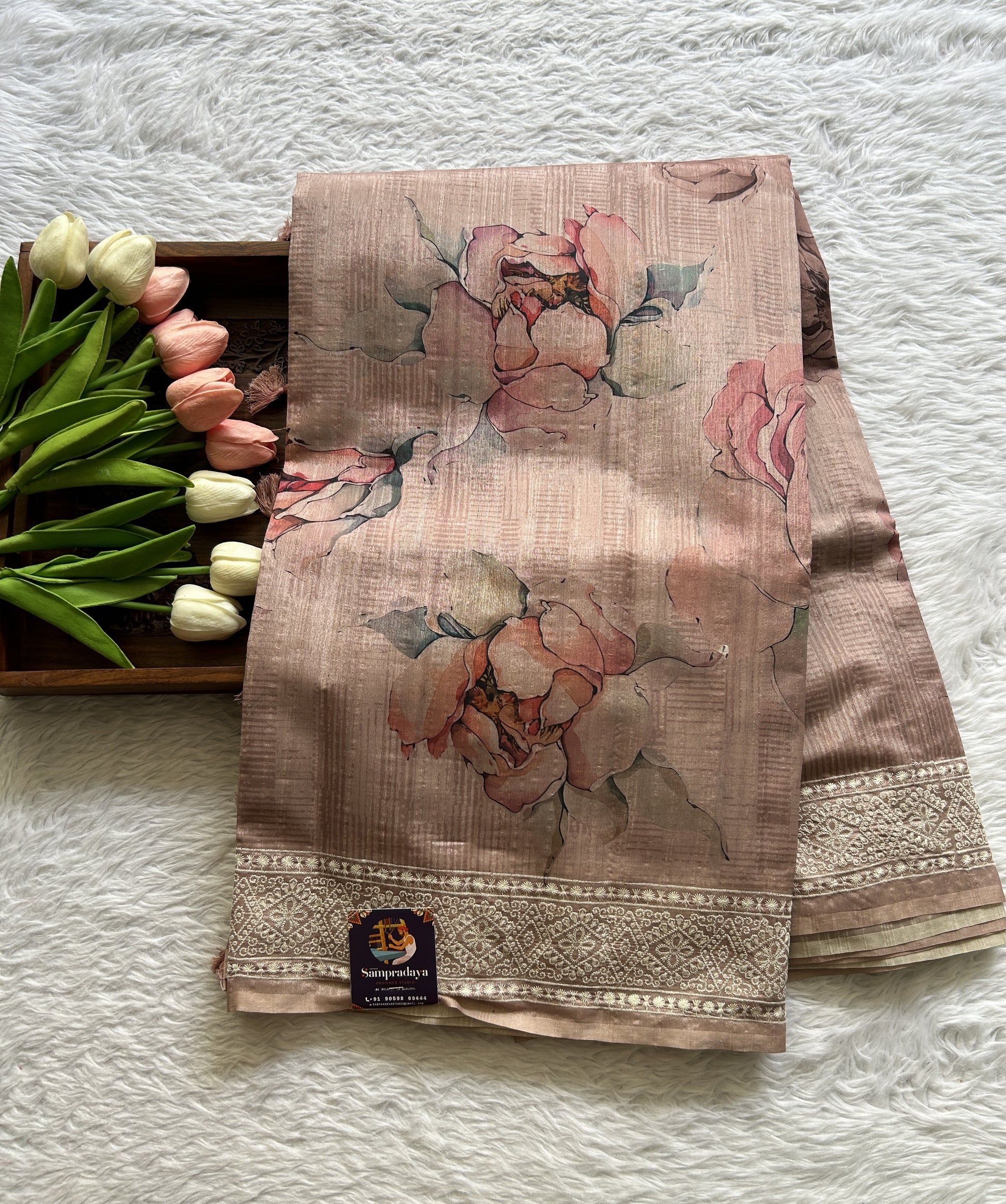 Semi Tussar Saree Onion Pink Colored Complemented with a Zari Border. - Sampradaya Designer Studio