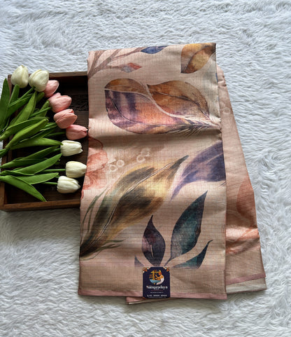 Semi Tussar Saree Light Peach Colored complemented with a Zari Border. - Sampradaya Designer Studio