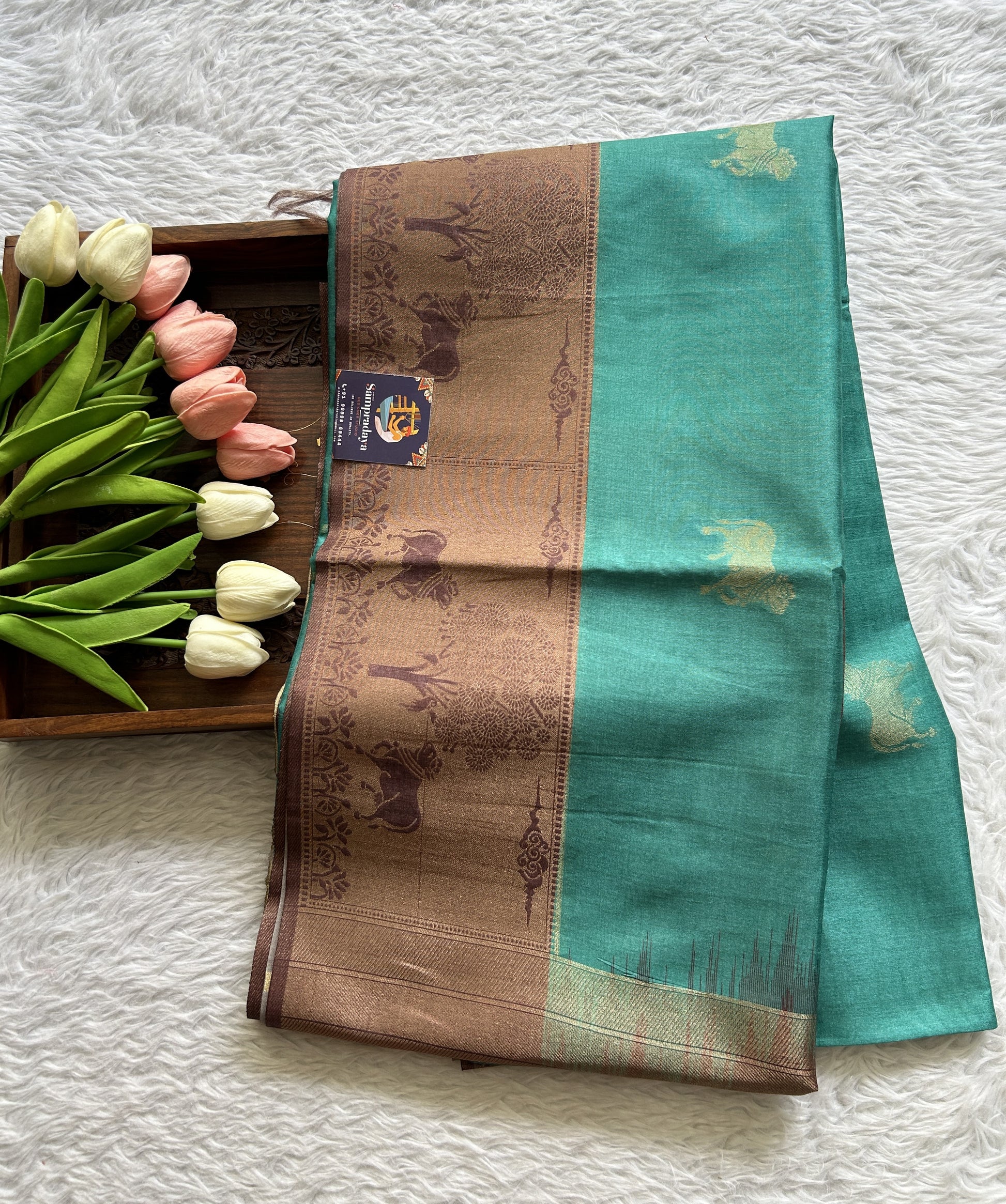 Semi Tussar Saree Sea Green Colored complemented with a Brown Color Zari Border. - Sampradaya Designer Studio