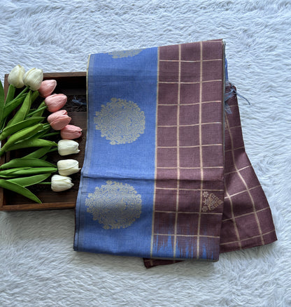 Semi Tussar Saree Brown Colored complemented with a Lavender Color Zari Border. - Sampradaya Designer Studio