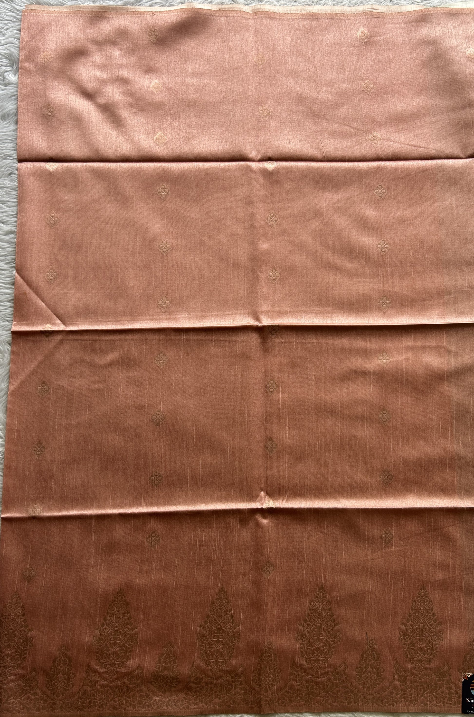 Semi Tussar Saree Peach Colored complemented with a Borderless. - Sampradaya Designer Studio