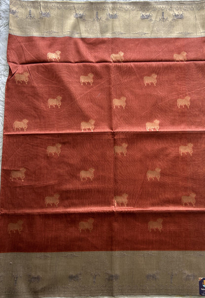 Semi Tussar Saree Rust Colored complemented with a Gray Color Zari Border. - Sampradaya Designer Studio