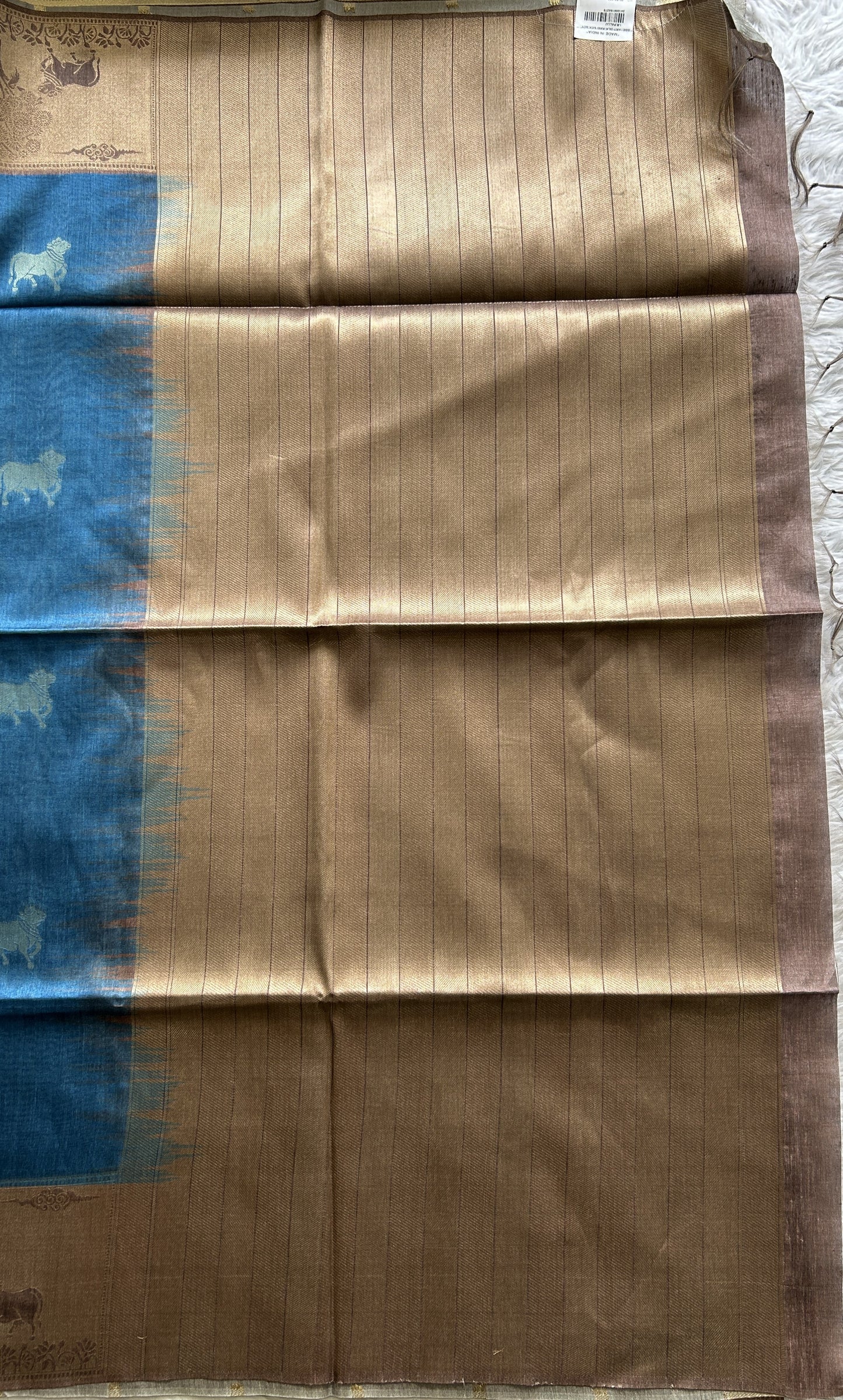 Semi Tussar Saree Blue Colored complemented with a Brown Color Zari Border. - Sampradaya Designer Studio