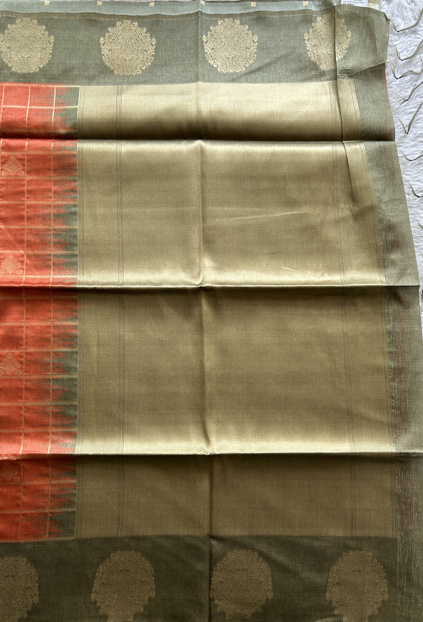 Semi Tussar Saree Orange Colored complemented with a Olive Green Color Buti Border. - Sampradaya Designer Studio