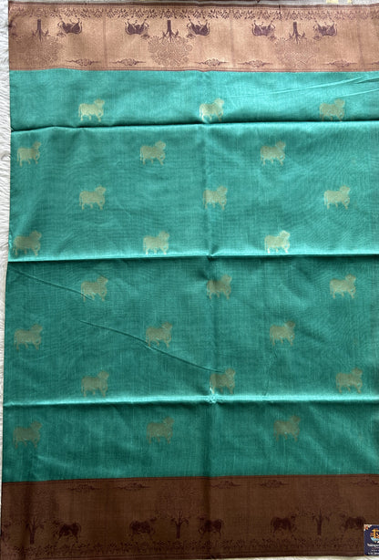 Semi Tussar Saree Sea Green Colored complemented with a Brown Color Zari Border. - Sampradaya Designer Studio