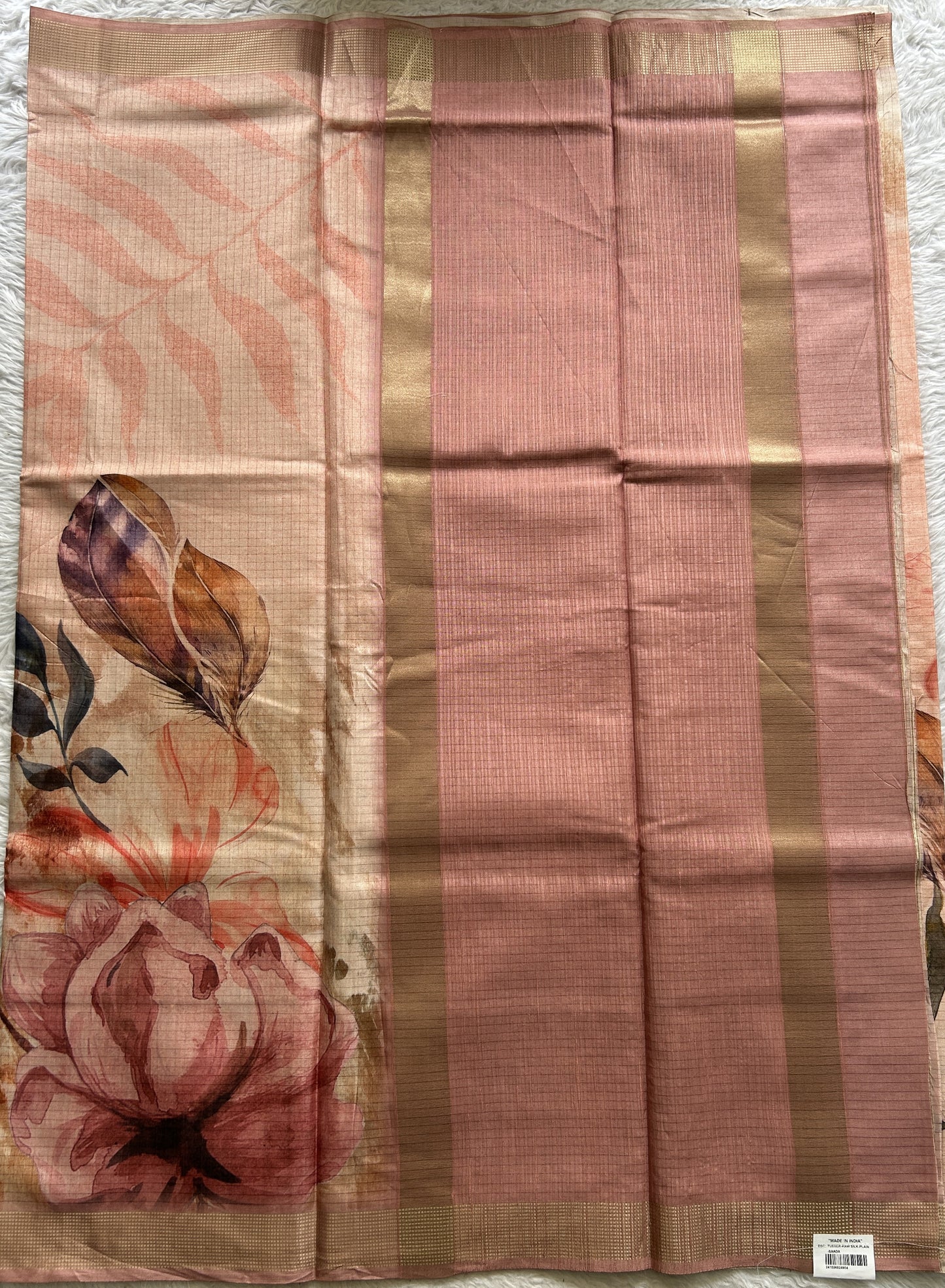 Semi Tussar Saree Light Peach Colored complemented with a Zari Border. - Sampradaya Designer Studio