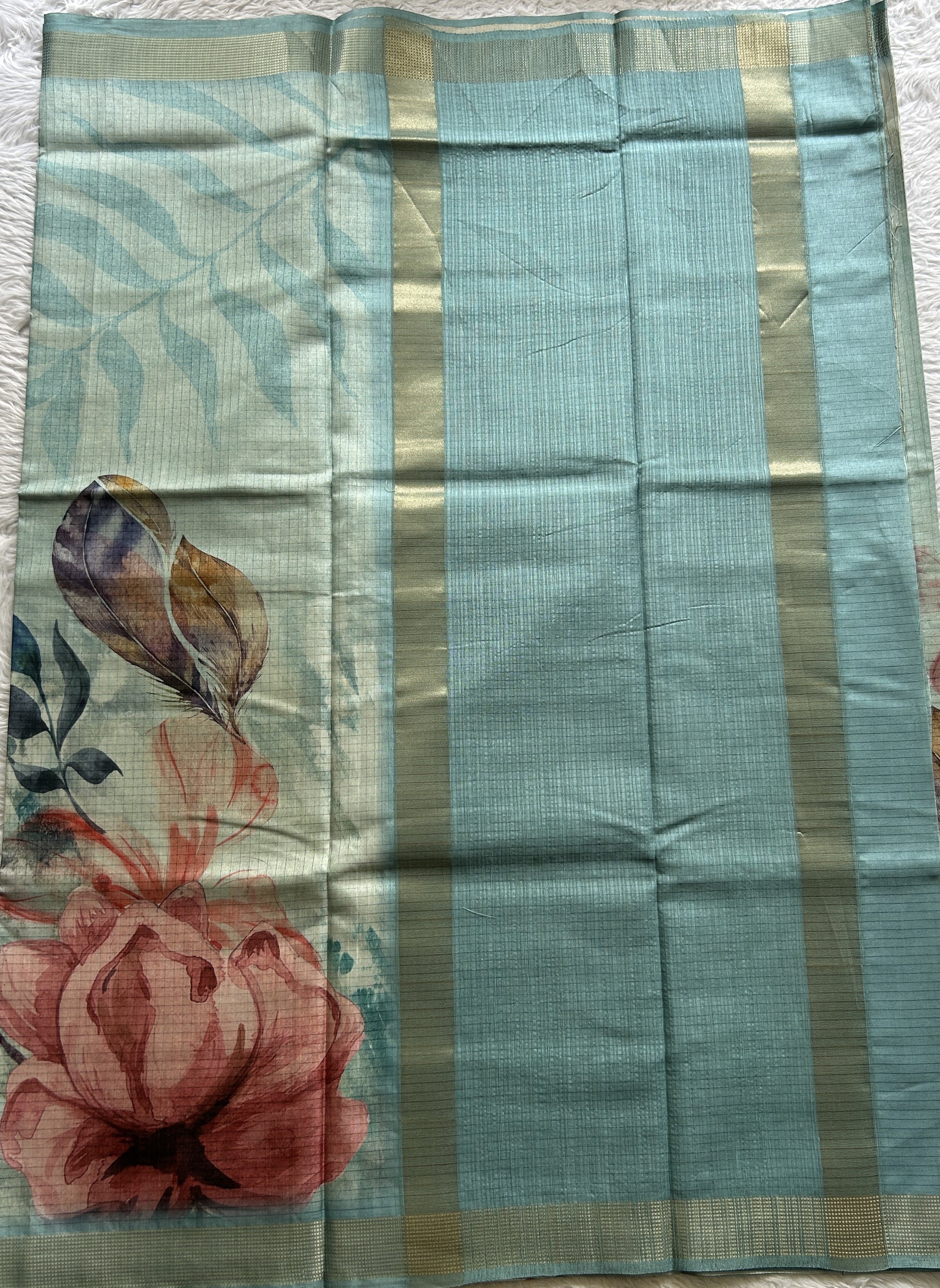 Semi Tussar Saree Sky Blue Colored complemented with a Zari Border. - Sampradaya Designer Studio