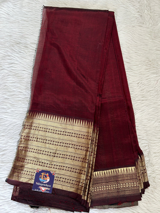 Mangalagiri Plain Pattu Saree Brown colored Saree complemented with a Gold Mangalagiri  Border - Sampradaya Designer Studio