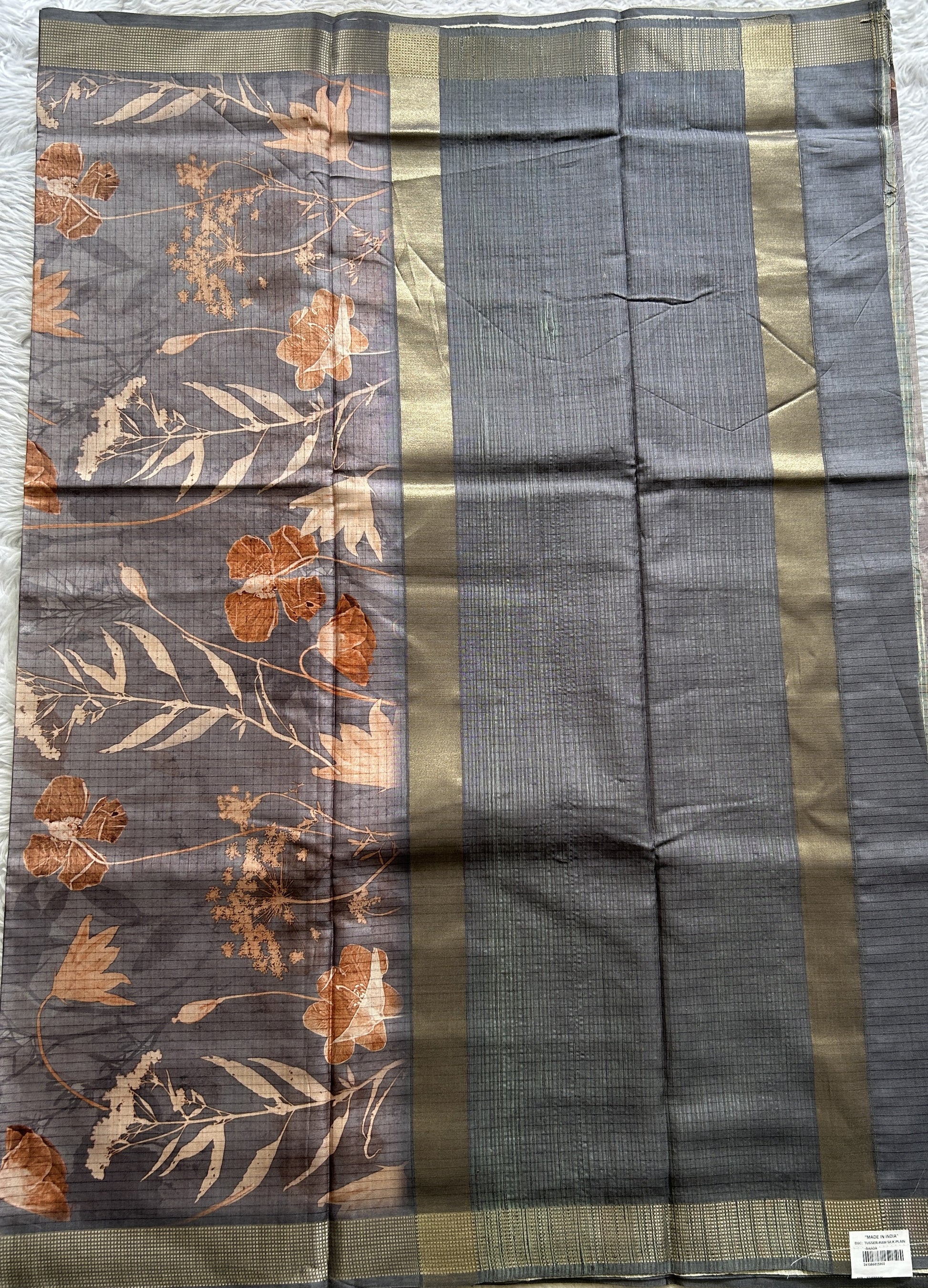 Semi Tussar Saree Gray Colored complemented with a Zari Border. - Sampradaya Designer Studio