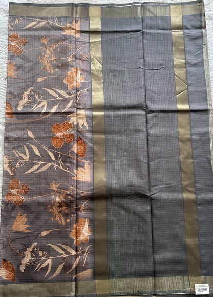 Semi Tussar Saree Gray Colored complemented with a Zari Border. - Sampradaya Designer Studio