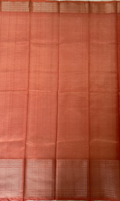 Mangalagiri Plain Pattu Saree Coral colored Saree complemented with a Gold Mangalagiri  Border - Sampradaya Designer Studio