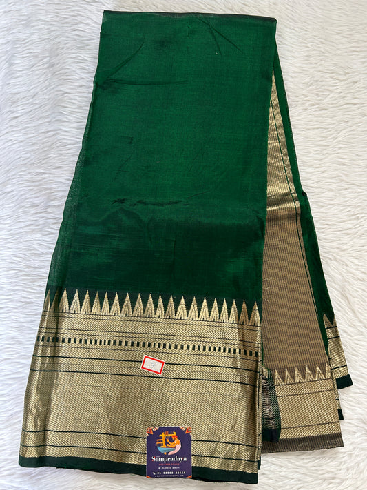 Mangalagiri Plain Pattu Saree Bottle Green colored Saree complemented with a Gold Mangalagiri  Border - Sampradaya Designer Studio