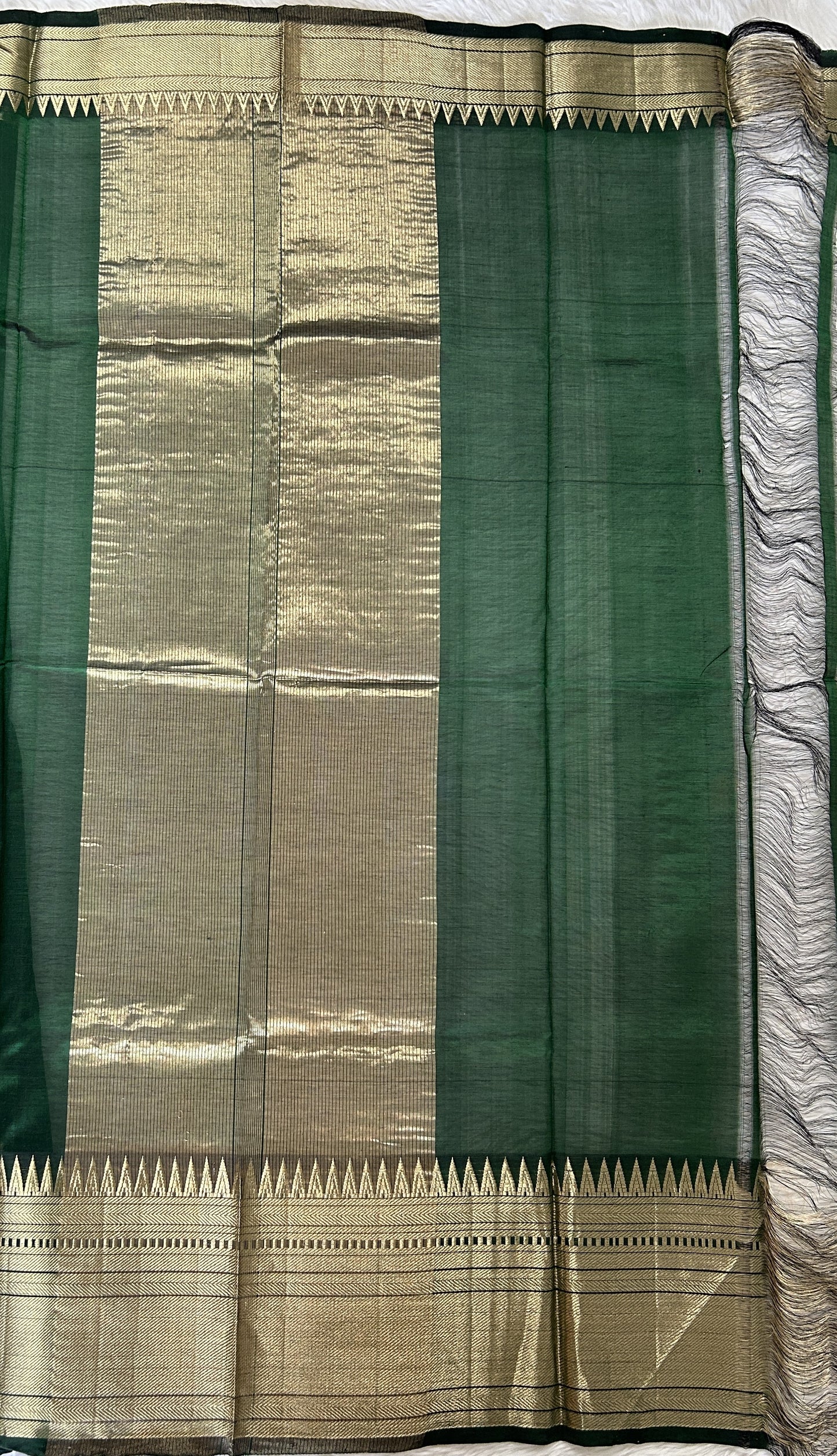 Mangalagiri Plain Pattu Saree Bottle Green colored Saree complemented with a Gold Mangalagiri  Border - Sampradaya Designer Studio