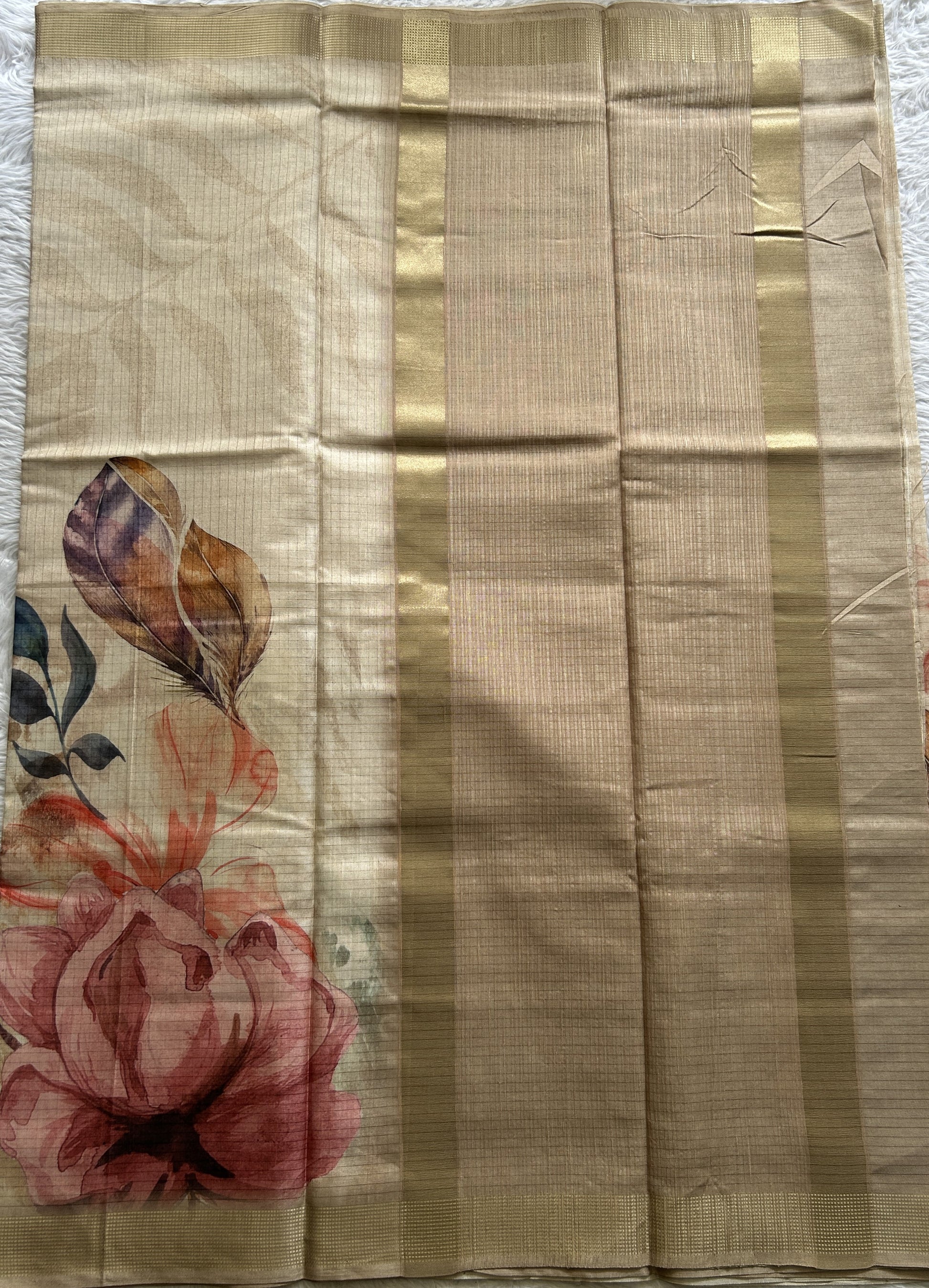 Semi Tussar Saree Cream Colored complemented with a Zari Border. - Sampradaya Designer Studio