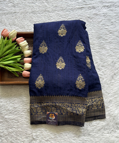 Semi Georgette Saree Ink Blue Colored Complemented with a Zari Border. - Sampradaya Designer Studio