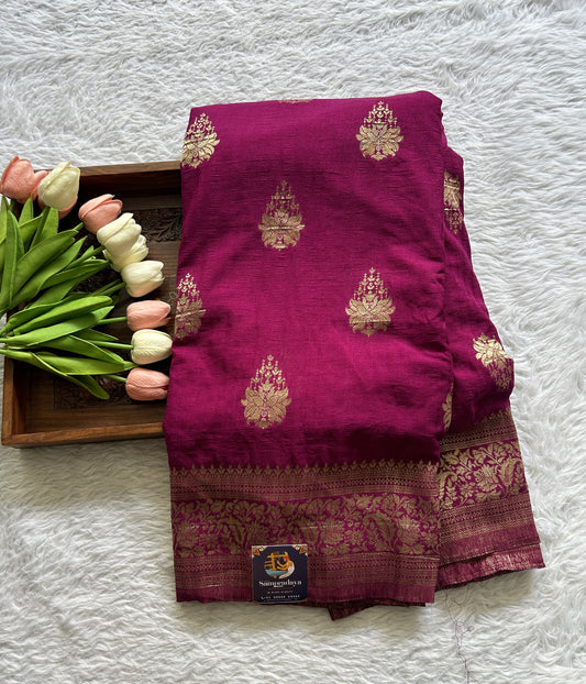 Semi Georgette Saree Dark Pink Colored Complemented with a Zari Border. - Sampradaya Designer Studio