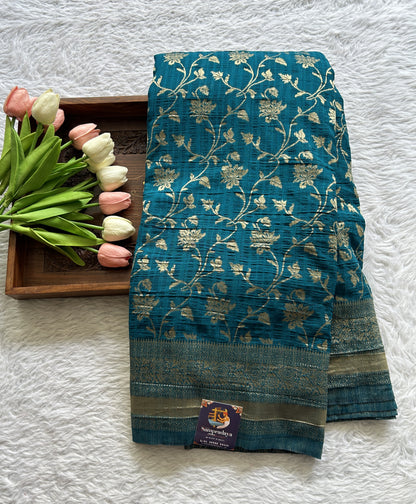 Semi Georgette Saree Turquoise Blue Colored Complemented with a Zari Border. - Sampradaya Designer Studio