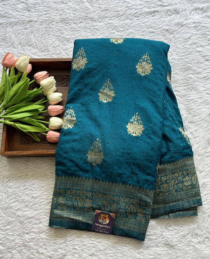 Semi Georgette Saree Rama Blue Colored Complemented with a Zari Border. - Sampradaya Designer Studio