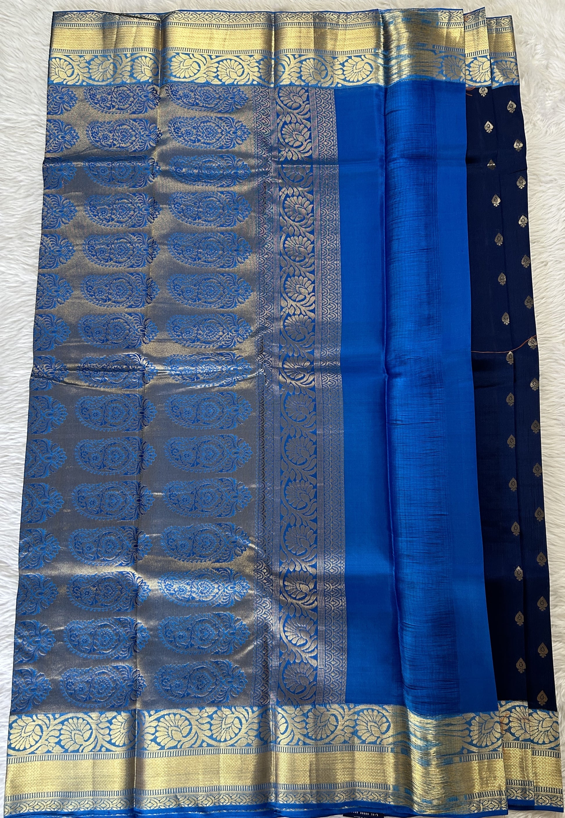 Kanjivaram Powerloom Silk Saree Carbon Blue colored Saree complemented with a Blue Colored Gold Kanchi border. - Sampradaya Designer Studio