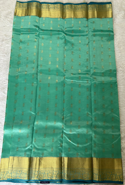 Kanjivaram Powerloom Silk Saree Ice Blue colored Saree complemented with a Blue Colored Gold Kanchi border. - Sampradaya Designer Studio