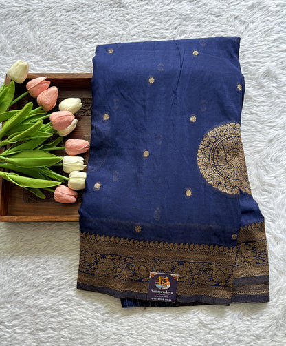 Semi Georgette Saree Navy Blue Colored Complemented with a Zari Border. - Sampradaya Designer Studio